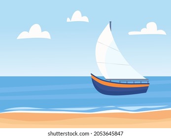 El paseo marítimo con velero y playa. Fondo horizontal. Ilustración vectorial en estilo plano