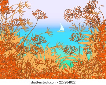 seascape with sailboat and herbs