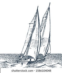 Seascape with a sailboat. Nautical ship at sea. Engraved illustration of a hand drawn sketch in vintage retro style.