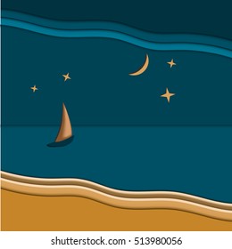  Seascape sailboat, night time, vector illustration.