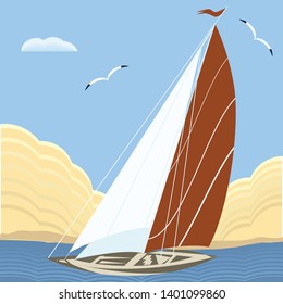 Seascape - sailboat on the waves. Yacht, sea, mountains, seagull - illustration, vector.