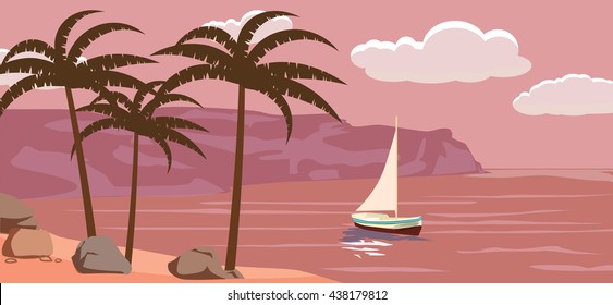 Seascape, sailboat, palm trees vector illustration