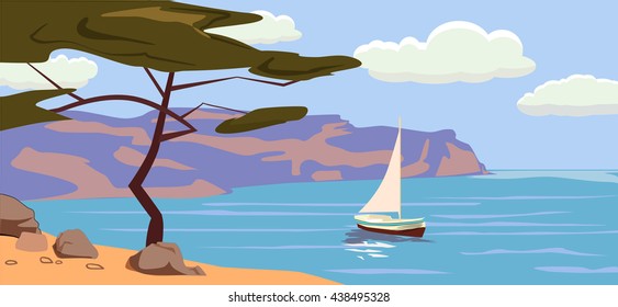 Seascape, sailboat, palm trees, vector illustration