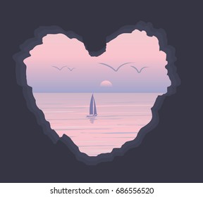 Seascape, sailboat at sea, parachute in the sky, cave in the shape of heart, romance, landscape