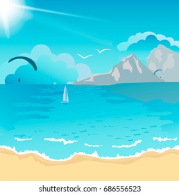 Seascape, sailboat at sea, parachute in the sky, landscape