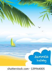 Seascape with sailboat. Summer holiday. Vector