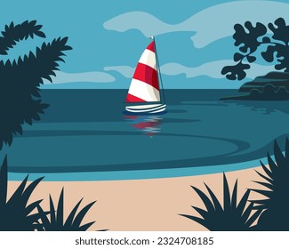Seascape, sailboat, yacht on the sea with tropical plants. Summer illustration, poster, vector