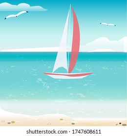 Seascape - sailing boat, seagull, wave, clouds, shore - vector. Travel