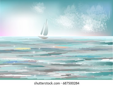 Seascape with sailing boat. Vector illustration