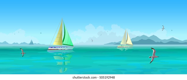 Seascape. Sailing boats and seagulls flying over blue ocean. Mountains and clouds in the background. Stock vector illustration.