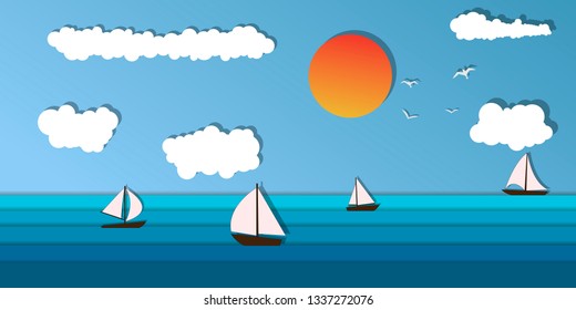 Seascape and Sailing ship. Yacht race, ocean regatta. Travel, holidays, vacation concept. Summer active sport.  