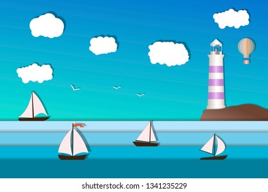 Seascape and Sailing ship. Yacht race, ocean regatta. Travel, holidays, vacation concept. Summer active sport.  