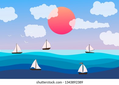 Seascape and Sailing ship. Yacht race, ocean regatta. Travel, holidays, vacation concept. Summer active sport.  
