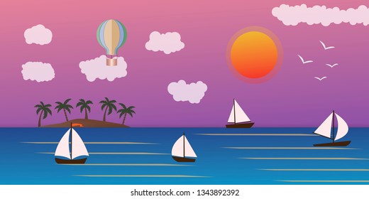 Seascape and Sailing ship. Yacht race, ocean regatta. Travel, holidays, vacation concept. Summer active sport.  