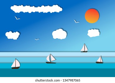 Seascape and Sailing ship. Yacht race, ocean regatta. Travel, holidays, vacation concept. Summer active sport.  
