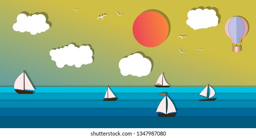 Seascape and Sailing ship. Yacht race, ocean regatta. Travel, holidays, vacation concept. Summer active sport.  