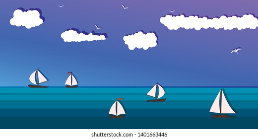 Seascape and Sailing ship. Yacht race, ocean regatta. Travel, holidays, vacation concept. Summer active sport.  