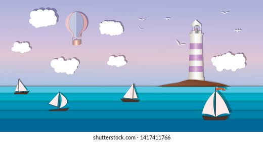 Seascape and Sailing ship. Yacht race, ocean regatta. Travel, holidays, vacation concept. Summer active sport.  