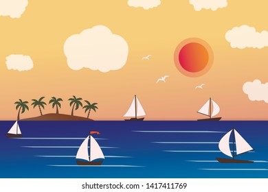 Seascape and Sailing ship. Yacht race, ocean regatta. Travel, holidays, vacation concept. Summer active sport.  