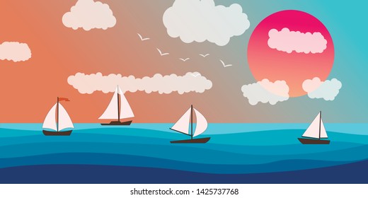 Seascape and Sailing ship. Yacht race, ocean regatta. Travel, holidays, vacation concept. Summer active sport.  