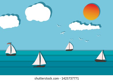 Seascape and Sailing ship. Yacht race, ocean regatta. Travel, holidays, vacation concept. Summer active sport.  