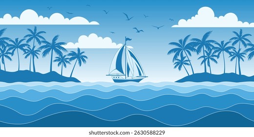 Seascape with sailing yacht, palm island, summer vacation, vector cartoon
