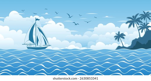 Seascape with sailing yacht, palm island, summer vacation, vector cartoon