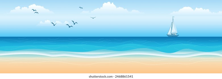 Seascape with sailing yacht, picturesque skies and sandy shores, summer vacation, vector cartoon, panoramic view