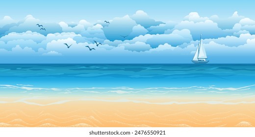 Seascape with sailing yacht, picturesque skies and sandy shores, summer vacation, vector cartoon