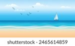 Seascape with sailing yacht, picturesque sky, summer vacation, vector cartoon