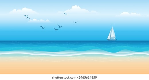 Seascape with sailing yacht, picturesque sky, summer vacation, vector cartoon