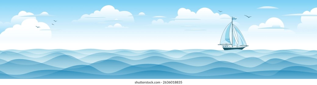 Seascape with sailing yacht, picturesque sky, summer vacation, vector cartoon, panoramic view