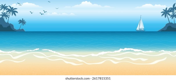 Seascape with sailing yacht, sandy shore and palm trees, summer vacation, vector cartoon