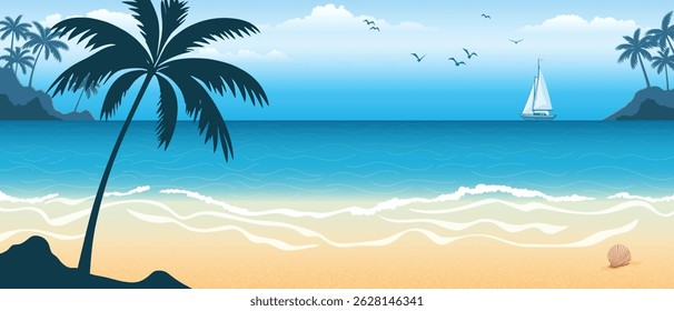 Seascape with sailing yacht, sandy shore and palm trees, summer vacation, vector cartoon