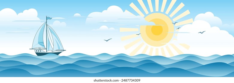 Seascape with sailing yacht, sun in the clouds,  summer vacation, vector cartoon, panoramic view
