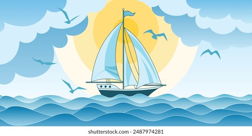 Seascape with sailing yacht, sun in the clouds,  summer vacation, vector cartoon