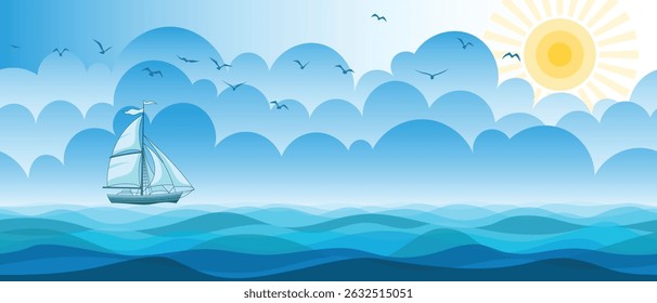 Seascape with sailing yacht, sun in the clouds, summer vacation, vector cartoon, panoramic view
