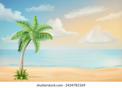 seascape with sand beach sea waves sky and clouds vector illustration isolated on white background