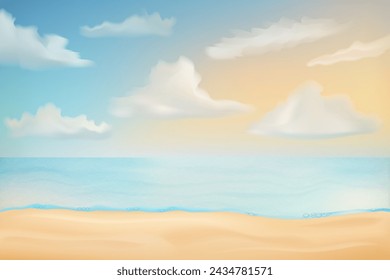 seascape with sand beach sea waves sky and clouds vector illustration isolated on white background