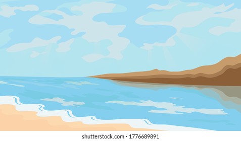 El paisaje marino. Playa de arena, océano o mar azul claro, montañas que suben por la costa. Hermosas nubes y rayos solares en el cielo. Serenidad y silencio, unas vacaciones paradisíacas. Ilustración del vector