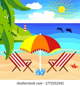Seascape: sandy beach, beach umbrella, dolphins in the ocean, palm leaves, lighthouse on the cape, summer sky.