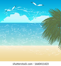 Seascape, sandy shore, seagulls, clouds - vector. Banner. Camping. Tourism. Journey.
