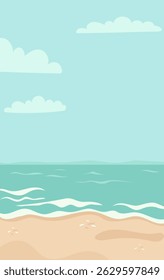 Seascape, sandy shoreline with gentle waves and sky with clouds. Vector illustration. Vertical poster background with marine nature in minimalist flat style