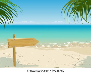 Seascape scene with wooden arrow billboard. Vector