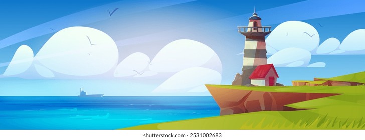 Paisaje marino con faro. Ilustración de dibujos animados de Vector de la torre de baliza y la casa en la cima de la roca con hierba verde, silueta de la nave en el horizonte, paisaje nublado soleado sobre el agua, pájaros que vuelan en el cielo