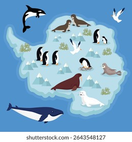 Seascape with sea animals and penguins. Vector illustration.