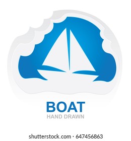 Seascape. Sea, boat, sail, sky, clouds.
Hand drawn logo, icon and background design element.
