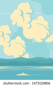 seascape with sea, mountains on the horizon and cloudy sky