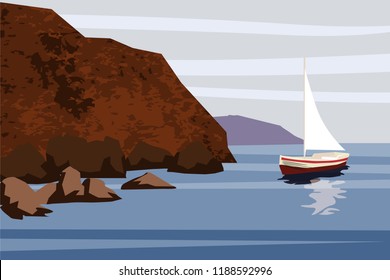 Seascape, sea, ocean, rocks, stones, sailfish, boat, vector, illustration, isolated