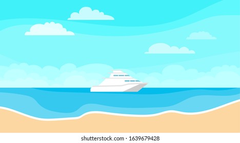 Seascape. Sea, sand, blue sky and a yacht. Vector, cartoon illustration of a sea view. Vector.